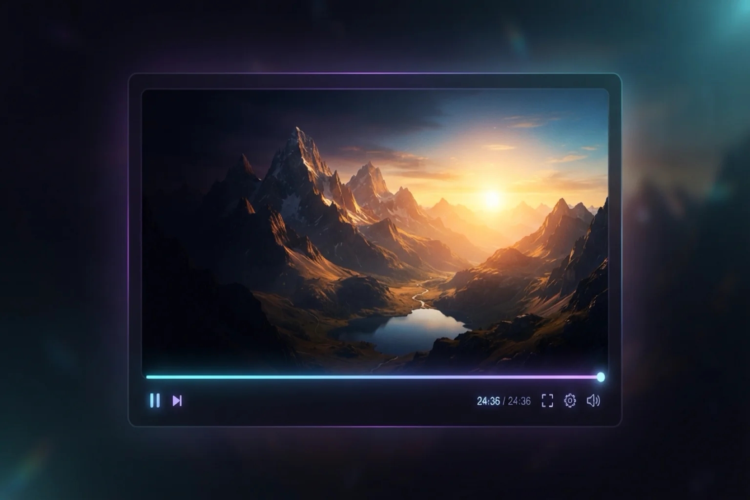 Wan 3.0 step 3 — video player with glowing progress bar revealing a cinematic AI-generated mountain scene
